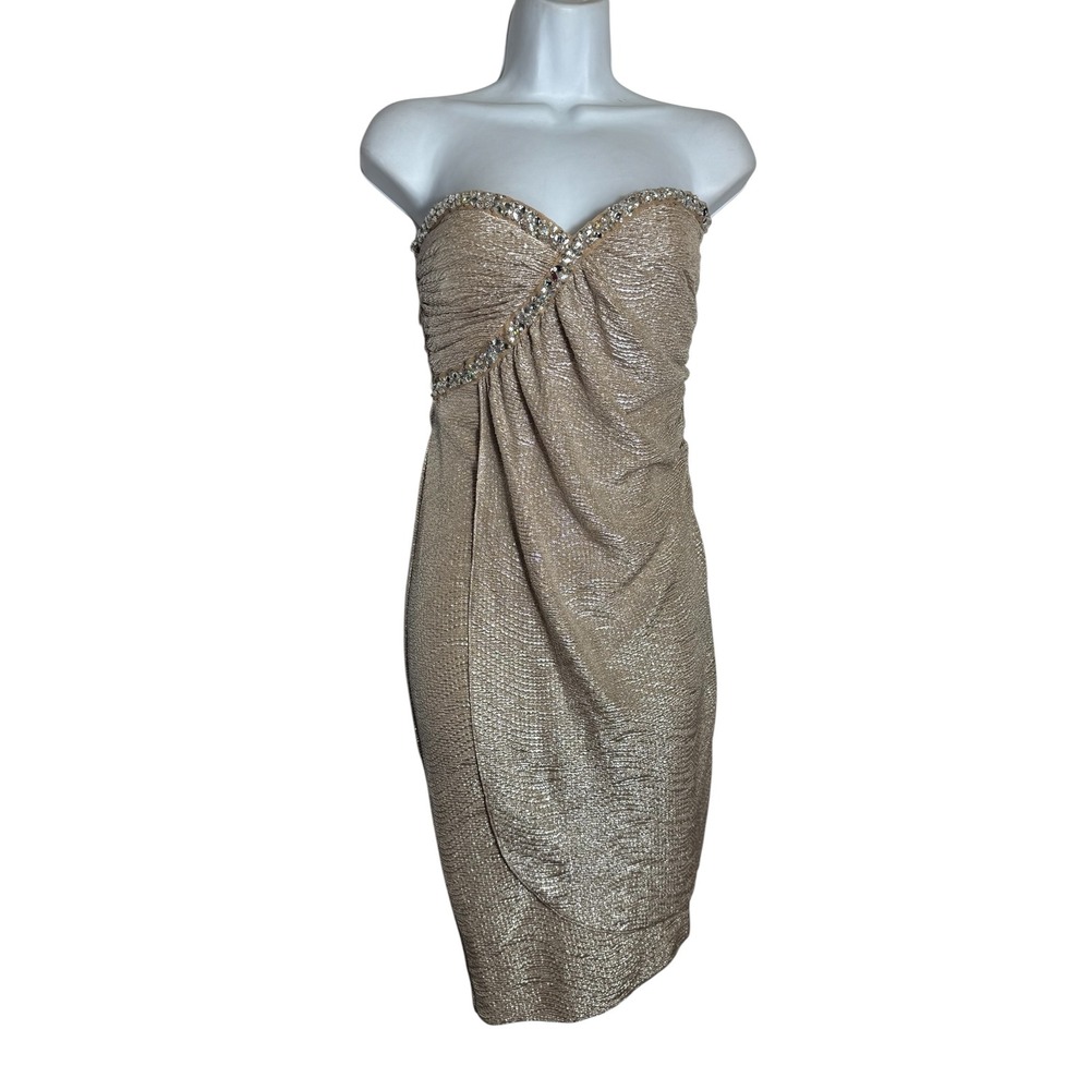 Adrianna Papell Hailey Gold Dress Size 4 Strapless Rhinestone Cocktail Dress‎